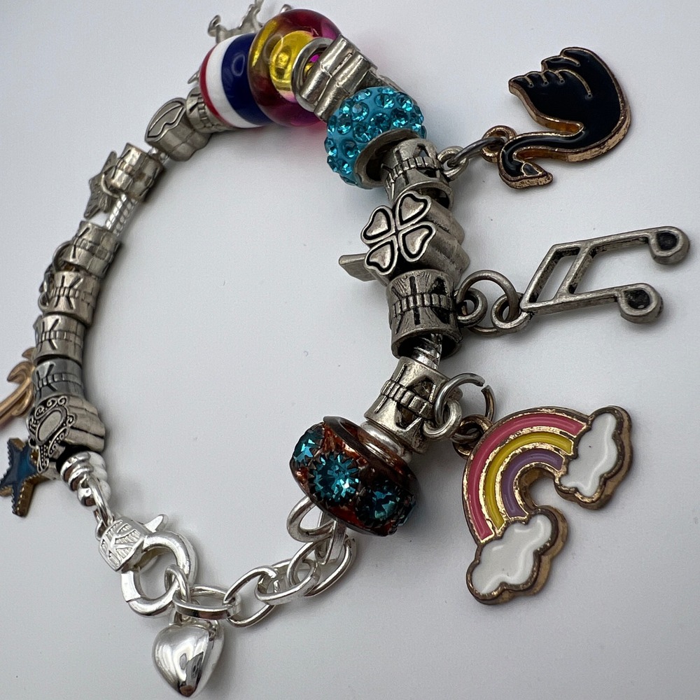 Silver Tone European Charm Bracelet‎ Mixed Glass Beads Rainbow Unicorn